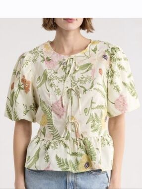 MELLODAY Floral Puff-Sleeve Tie-Front Top With Botanical Print
